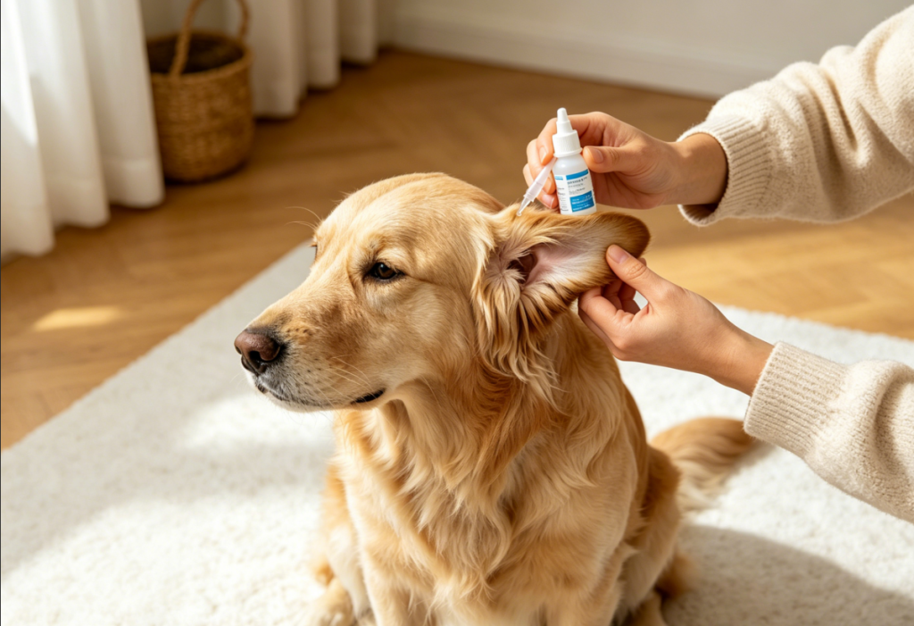 Applying Virbac ear cleaner to a dog's ear